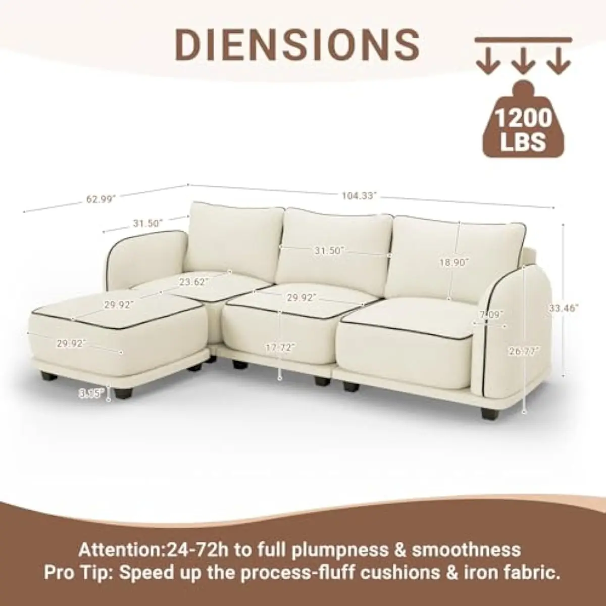 L Shaped Modular Sectional Sofa 4 Seater Cloud Inspired Chenille Upholstery Extra Thick Cushions Removable Washable Covers Movab