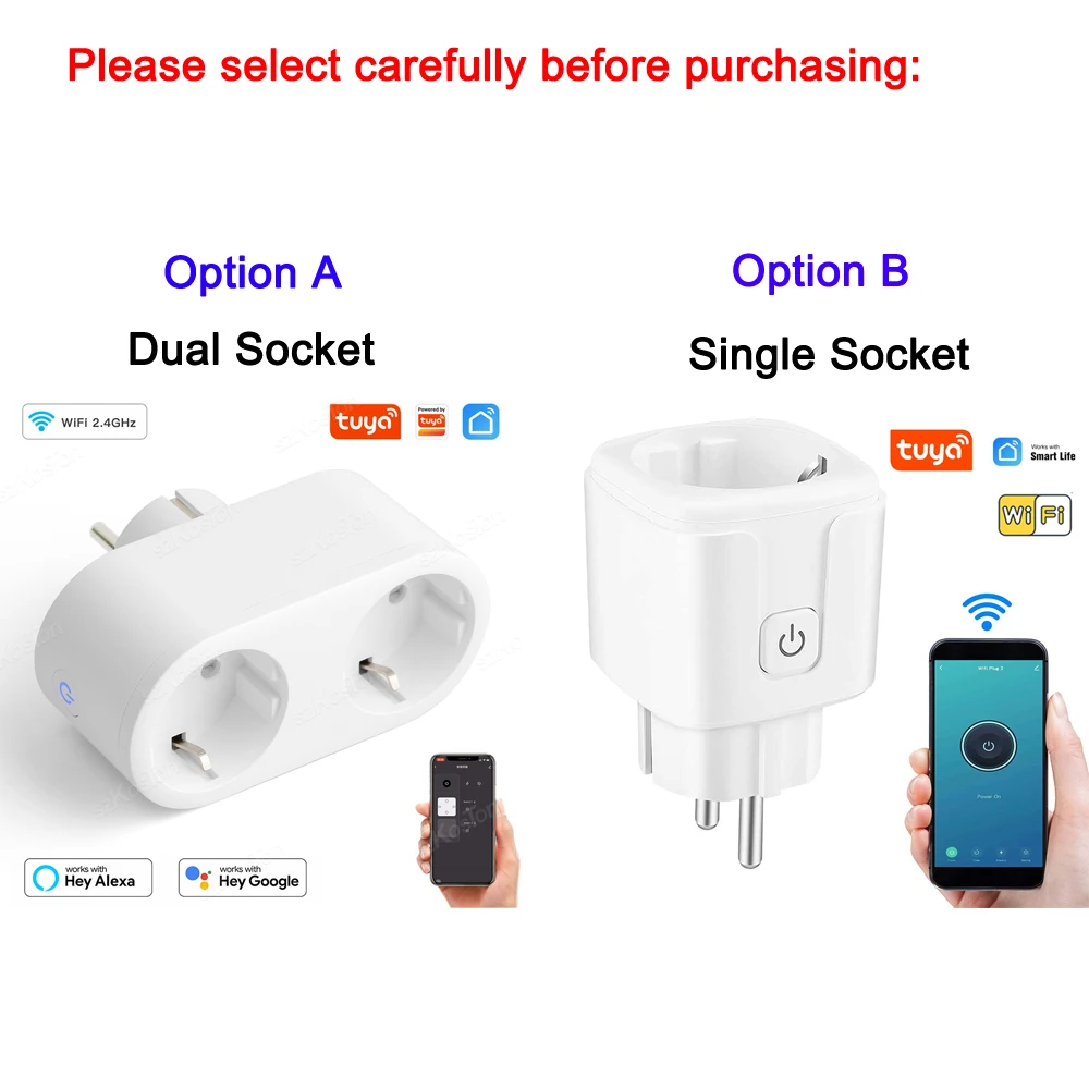 Tuya WiFi Smart Plug 2 in 1 16A EU Smart Socket With Power Monitor Timing Home Appliance Dual Control Works With Alexa Google