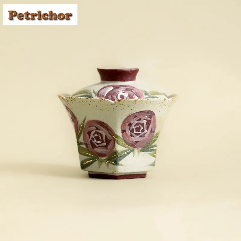 

100ml Hand-painted Blue And White Firestone Red Rose Gaiwan Luxury Tea Tureen Tea Bowl With Lid Kit Tea Making Cover Bowl Craft