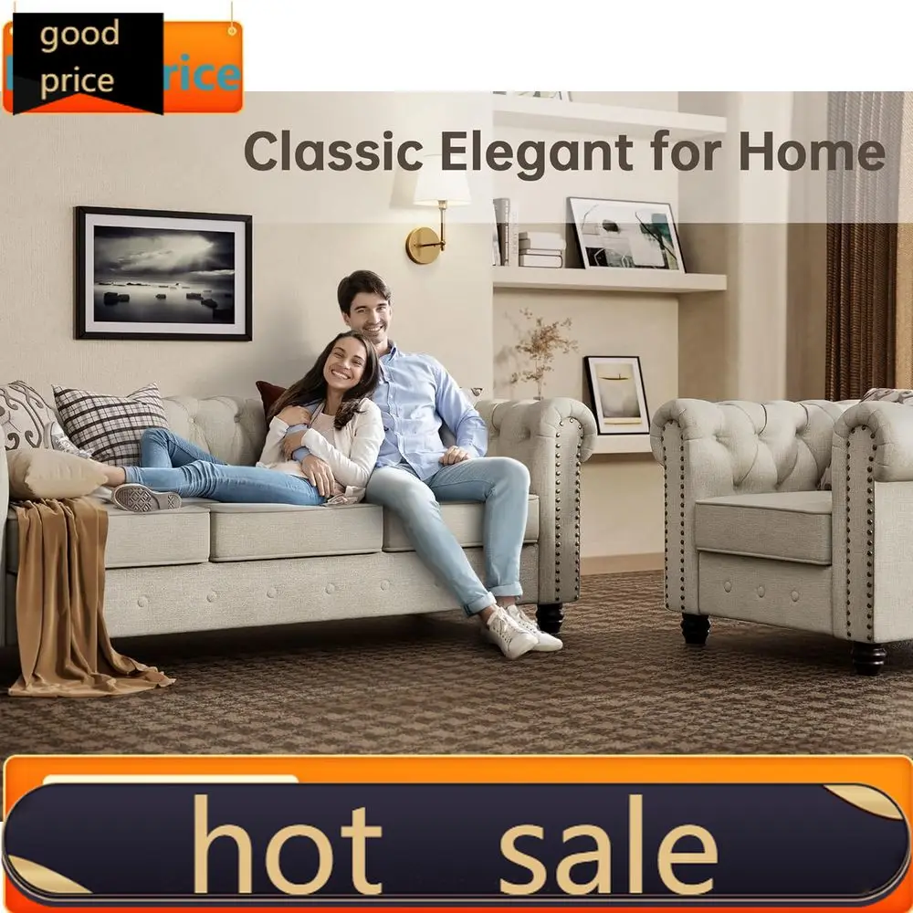 

Activity price PopularChenille Beige Sofa Set, 82 Wide, 34.5 Deep, 30 High, Chesterfield Style, Easy Assembly, Pet-Friendly, Su