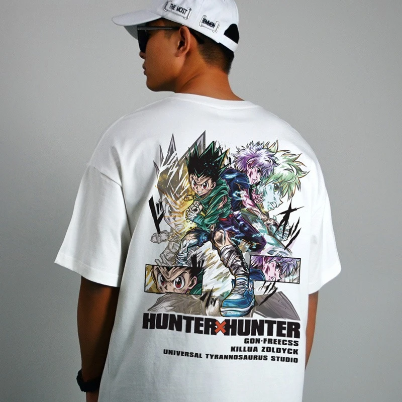 

Summer Men's Female Anime Full-time Hunter Short-sleeved T-shirt Cotton Shoulder Print Loose Crew Neck Cotton Casual Tee