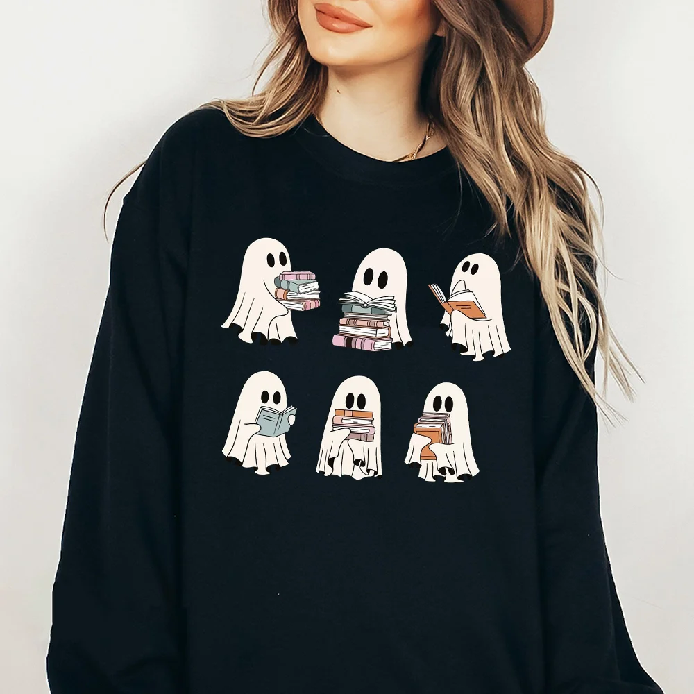 Ghost Reading Books Sweater Bookish Halloween Sweatshirt Halloween Teacher Gift Librarian Ghost Women Crewneck Hoodie