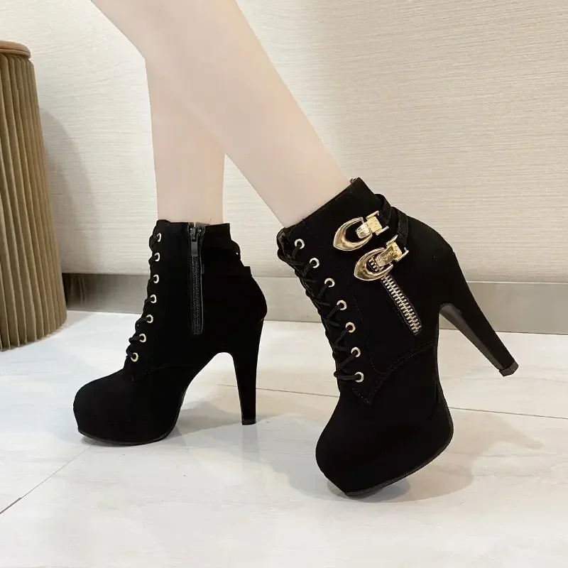 

2025 New Women's High Heels, Stiletto Heels, Ankle Boots, Fashion Lace Up Side Zipper Boots, Women's Solid Color Short Boots