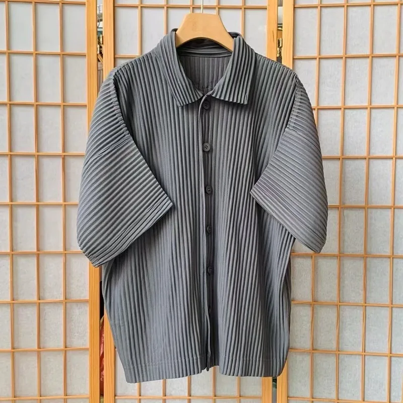 

Miyake плиссированная мужская одежда в стиле наследия, негабаритная японская рубашка с коротким рукавом, свободные повседневные мужские рубашки, летний топ, верхняя одежда