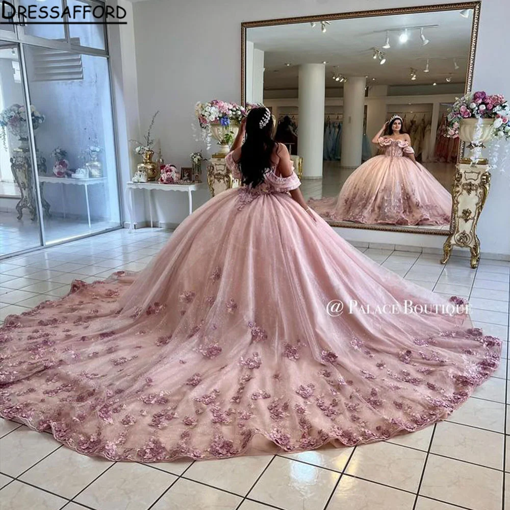 Vestido De baile rosa con hombros descubiertos para quinceañera, vestidos De fiesta De encaje con apliques dorados De princesa dulce 16, 2024