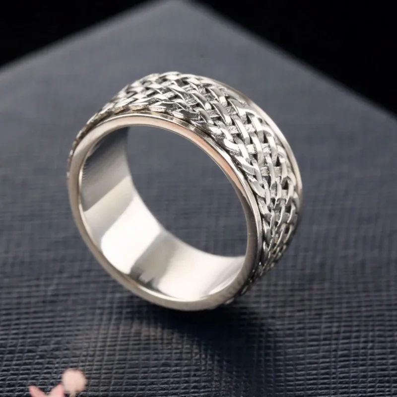 New Real S925 Sterling Silver Jewelry Handmade Retro Individual Weaving Man and Woman Rotating Wide Ring Holiday Gifts