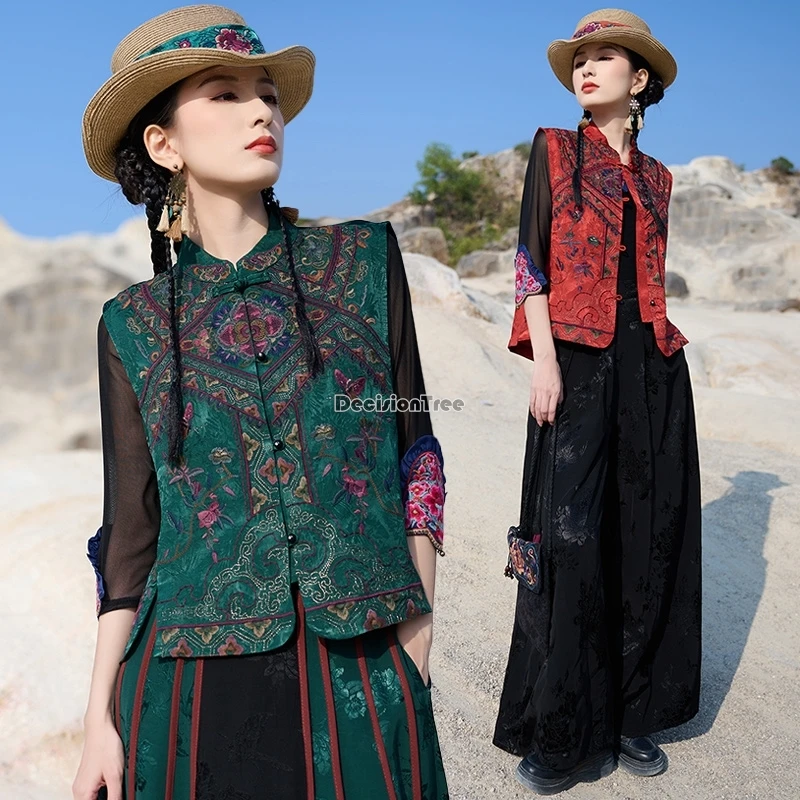 

Новинка 2025, женский жилет без рукавов в китайском этническом стиле ретро с вышивкой и воротником-стойкой, свободный повседневный костюм Тан, жилет Cheongsam t01