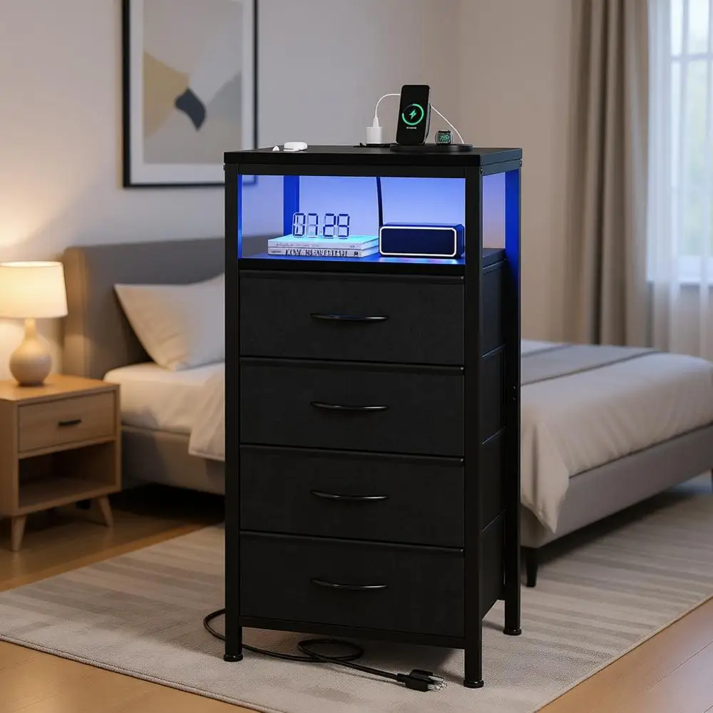 

Прикроватная тумбочка с тканевыми ящиками, портами USB/Type-C и розетками, регулируемые ножки, черная