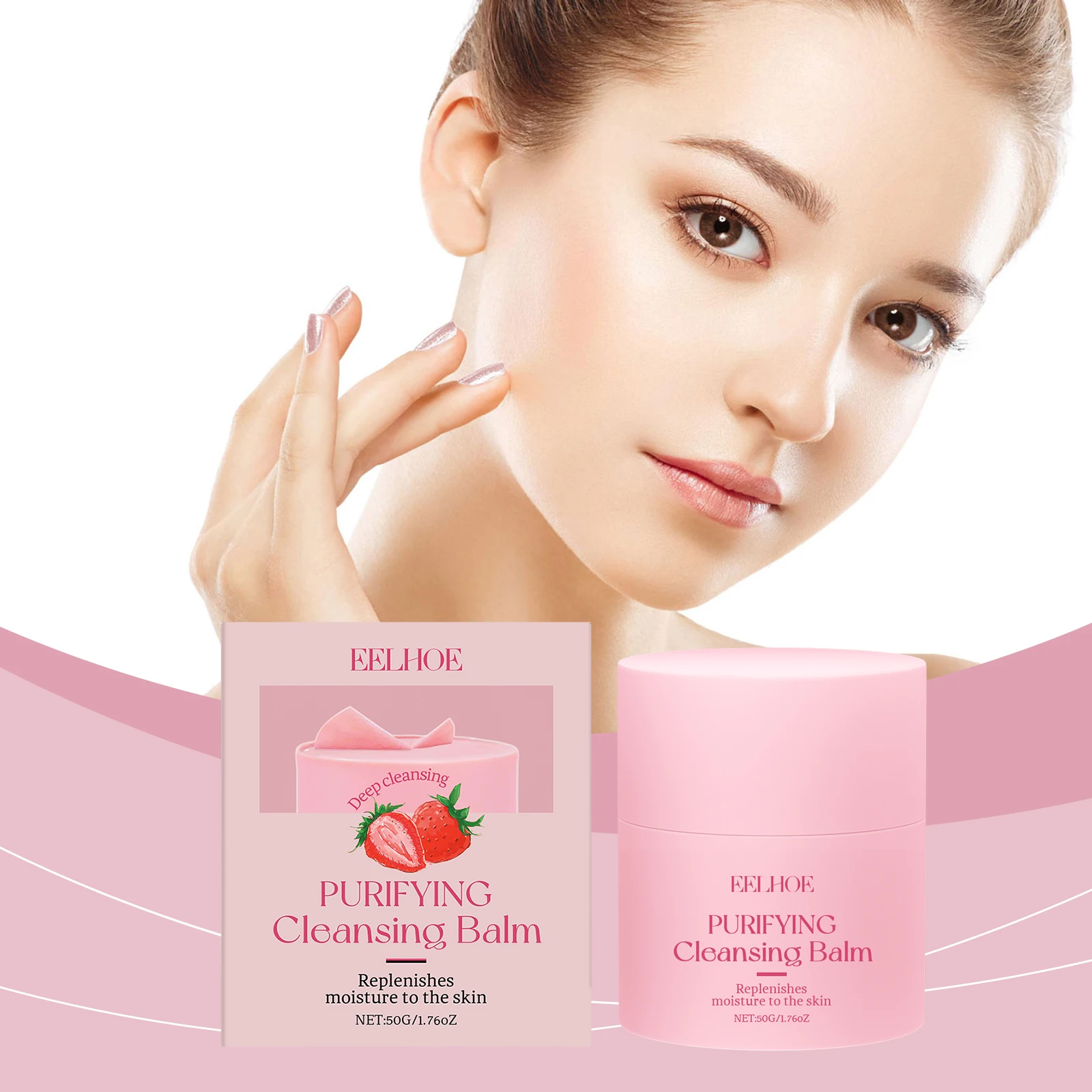 EELHOE crème nettoyante et démaquillante aux fraises exfolie doucement contrôle sébum secretion dissoudre le maquillage yeux et lèvres 50g