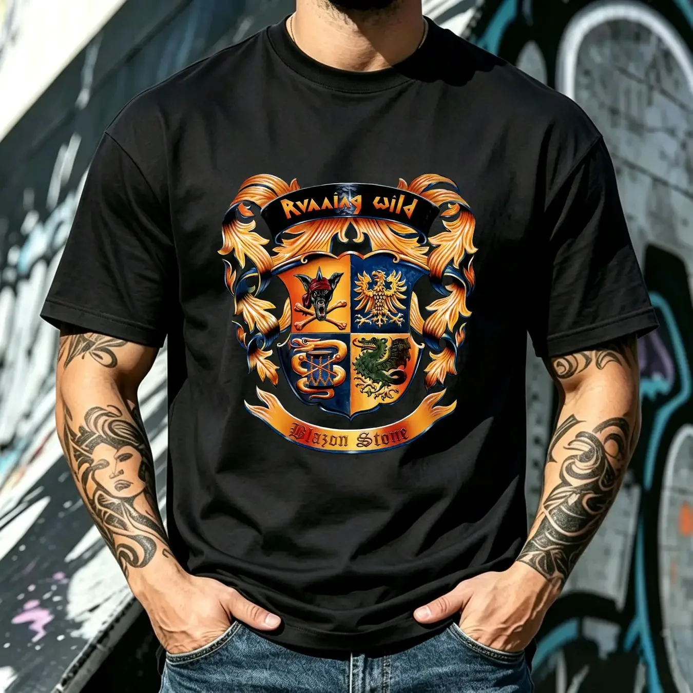 washed T Shirt RUNNING WILD BLAZON STONE NEW BLACK long or short sleeves vintage Washed Comfortable fashion streetwear graphic