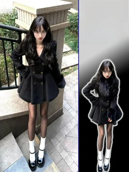 

plus Size Double Breasted V Ne Tweed Coat Ele Faionable Spring Outerwear for Young Women Thi Warm Pure Color