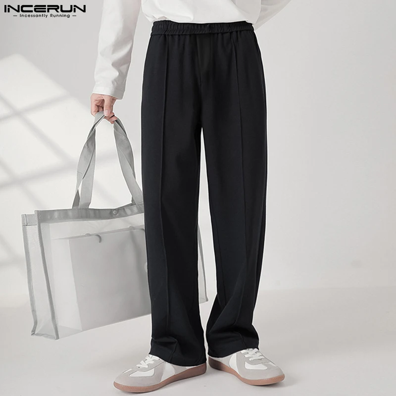 INCERUN Men Casual Pants Solid Color Joggers Loose Elastic Waist Straight Trousers Men Streetwear 2024 Fashion Korean Long Pants