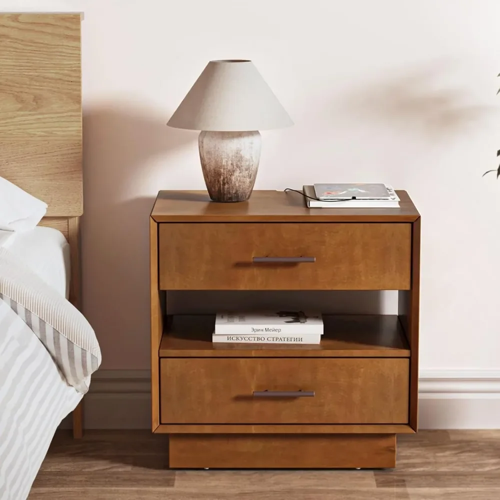 

Mid-Century Modern Nightstand with 2 Drawers and Charging Station - Stylish Bedside Table