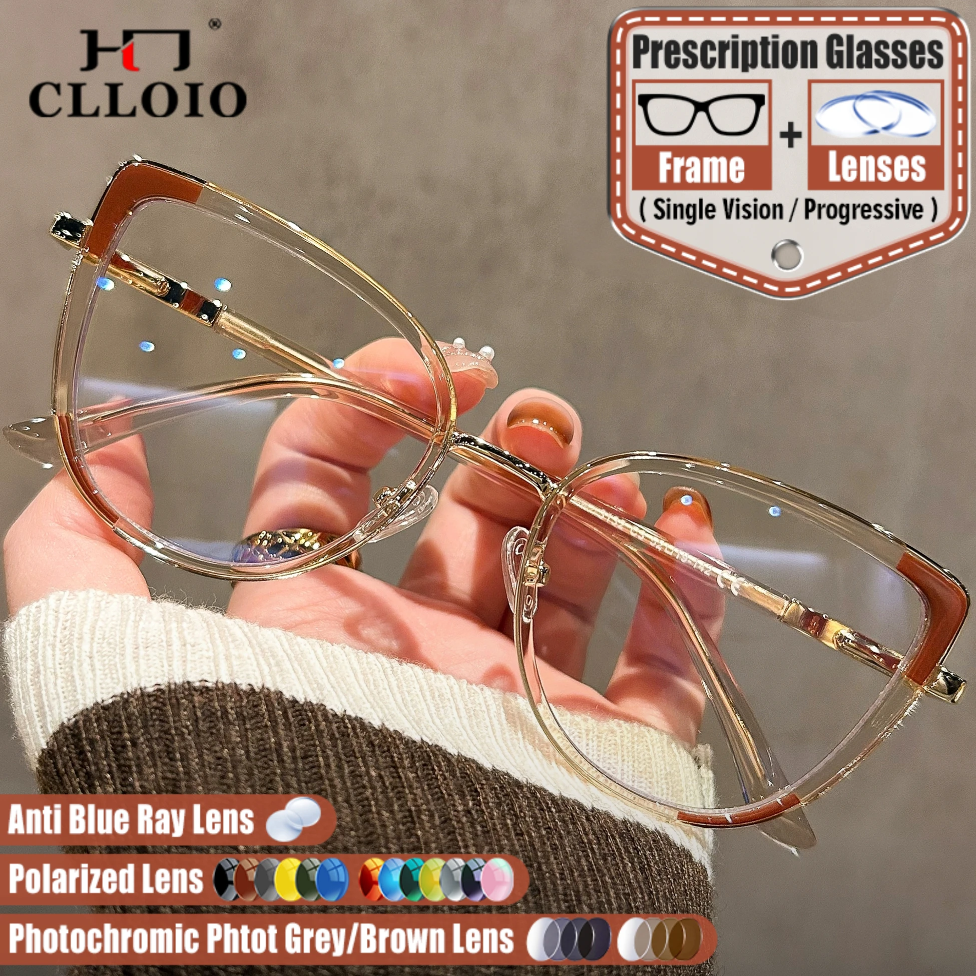 

CLLOIO New Fashion Simple Cat Eye Prescription Glasses Women Anti Blue Light Photochromic Myopia Progressive Office Eyeglasses