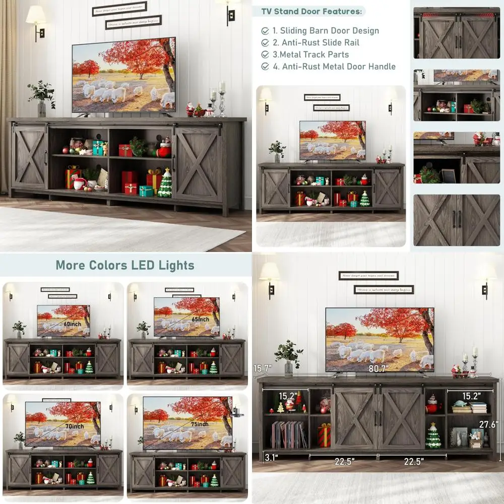 Suporte de TV grande estilo fazenda de 80 polegadas para TVs de 90 polegadas com prateleiras ajustáveis