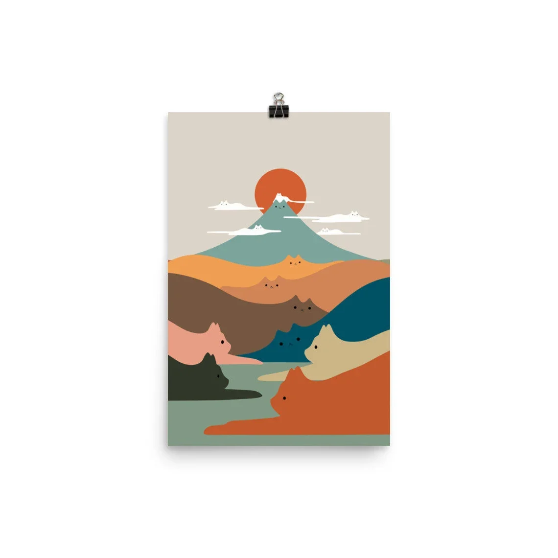 Serene Cat Mountain Landscape Wall Art - Whimsical Print Celebrating Hidden Feline Charm. The Warm Earthy Backdrop and Clever Ca