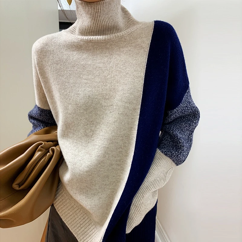 JFUNCY 2022 Knitted Sweaters Tops Women Turtleneck Winter Clothes Woman Loose Jumper Women's Korean Fashion Patchwork Pullover