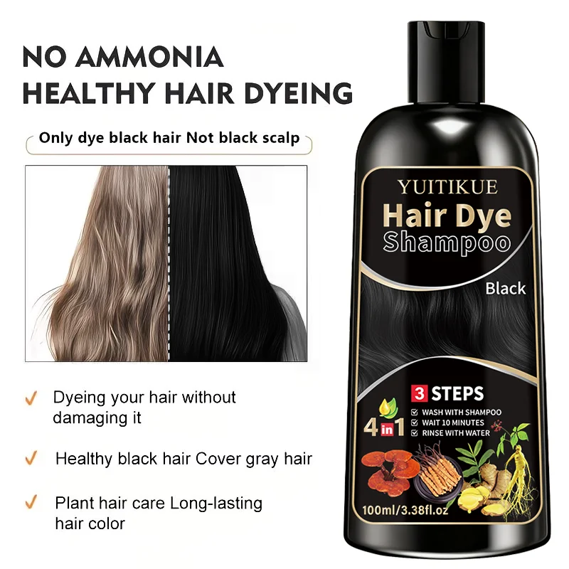 YUITIKUE Black Hair Dye Shampoo - Ammonia-Free, Gentle Formula For Covering Gray Hair, Plant-Based Hair Care, 100ml - view 5
