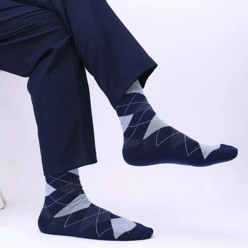 5 Pairs Mens Dress Socks Plus Large Size，High Quality Combed Cotton Crew Socks，Black Cool Argyle Breathable Casual Socks for Men