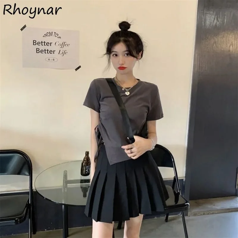 

Women Sets Skirts T-shirts Solid Asymmetrical Bandage Folds A-line Slim College Basic Sweet Sexy Elegant Chic Ulzzang Streetwear