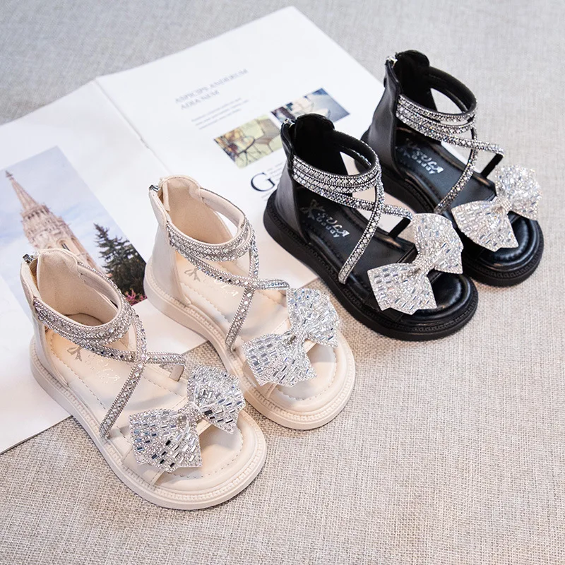 Meisjes Sandalen 2024 Zomer Nieuwe Meisjes Baby Zachte Zolen Diamanten Strik Prinses Sandalen Met Open Tenen