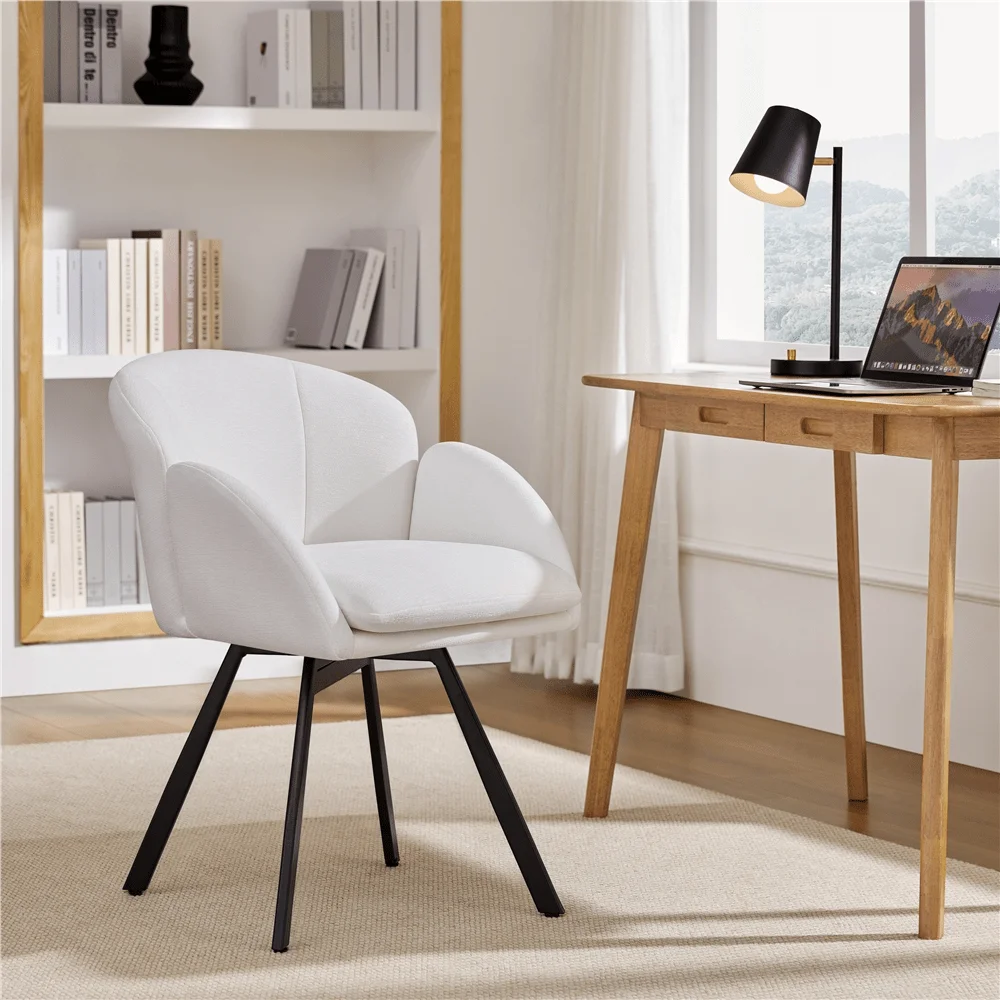 

Elegant FlowerShaped Chenille Accent Chair With Removable Cushion, Swivel Vanity Chair For Living Room, Bedroom Guest Room, Whi