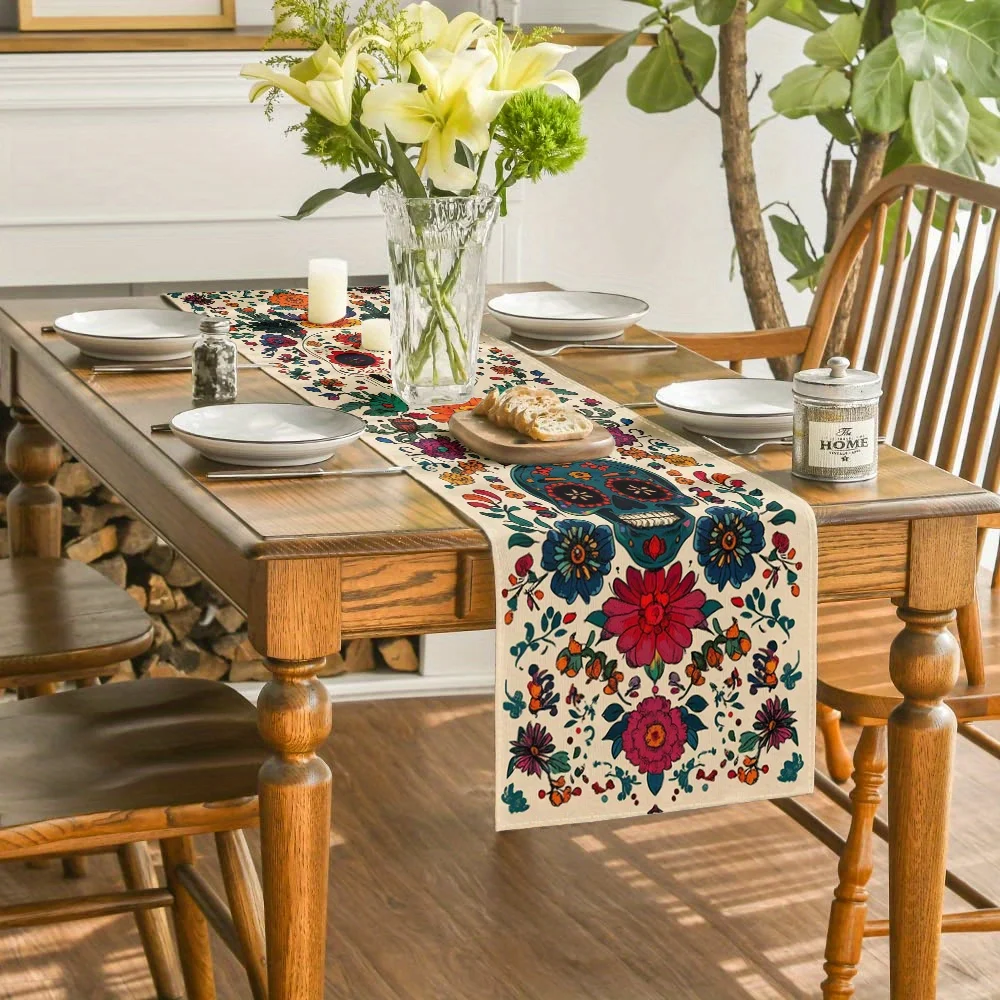 Mexican Colorful Skull Floral Linen Table Runner for Table Decor Mexico Day of The Dead Table Runners Kitchen Dining Party Decor