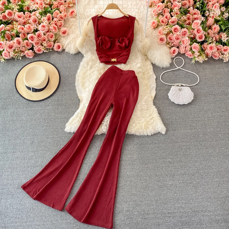 

Fashion High Waist Slim Bell-bottoms Women's Small Leg Long Pants+high Waist Short Square Neck Top Two-piece Suit