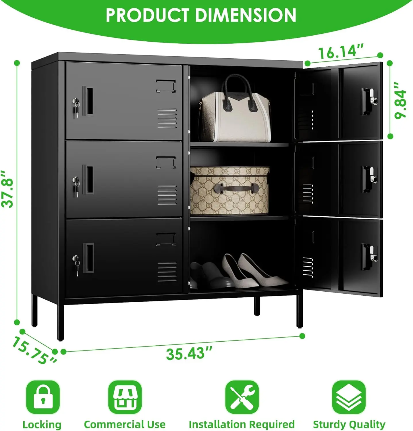 Офисный шкафчик H 37,8 дюйма для сотрудников, металлический шкафчик для хранения на 6 дверей, для спальни в школьном спортзале, требуется сборка, черный