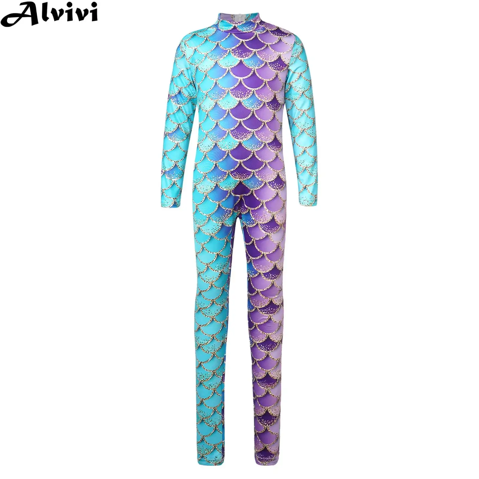 

Girls Long Sleeve Fish Scales Print Jumpsuit Gymnastics Yoga Dance Leotard Halloween Party Mermaid Cosplay Costume Swimwear