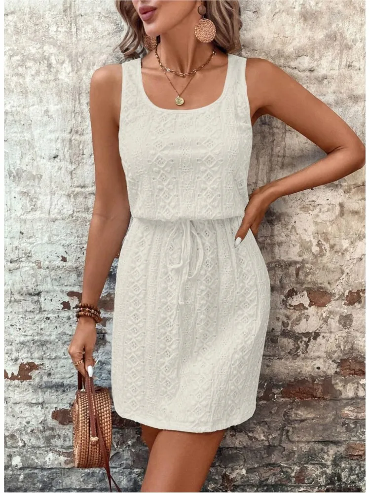 Summer Sleeveless Mini Dress Women Casual A-Line Drawstring Pocket Beach Holiday Dresses For Women Short Dress White Sundress