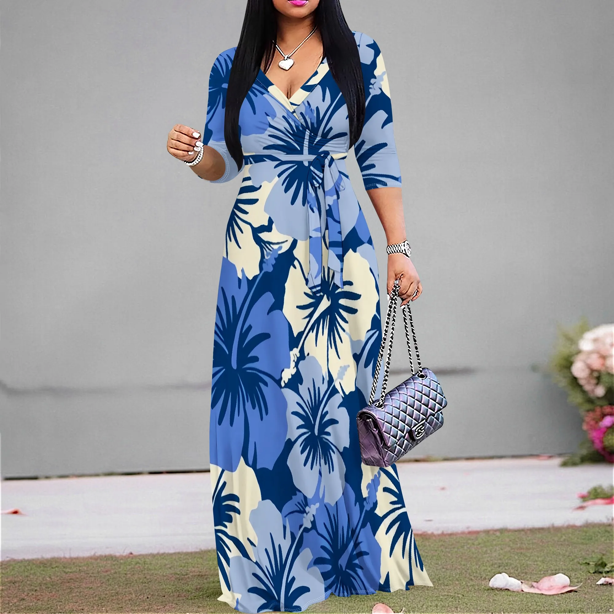 

Women's V Neck 3/4 Sleeve Maxi Dress S-3XL Blue Toned Floral Print Long Gown