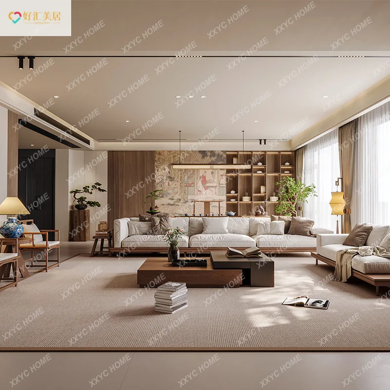 Aesthetic solid wood straight row technology fabric sofa set new Chinese zen living room home