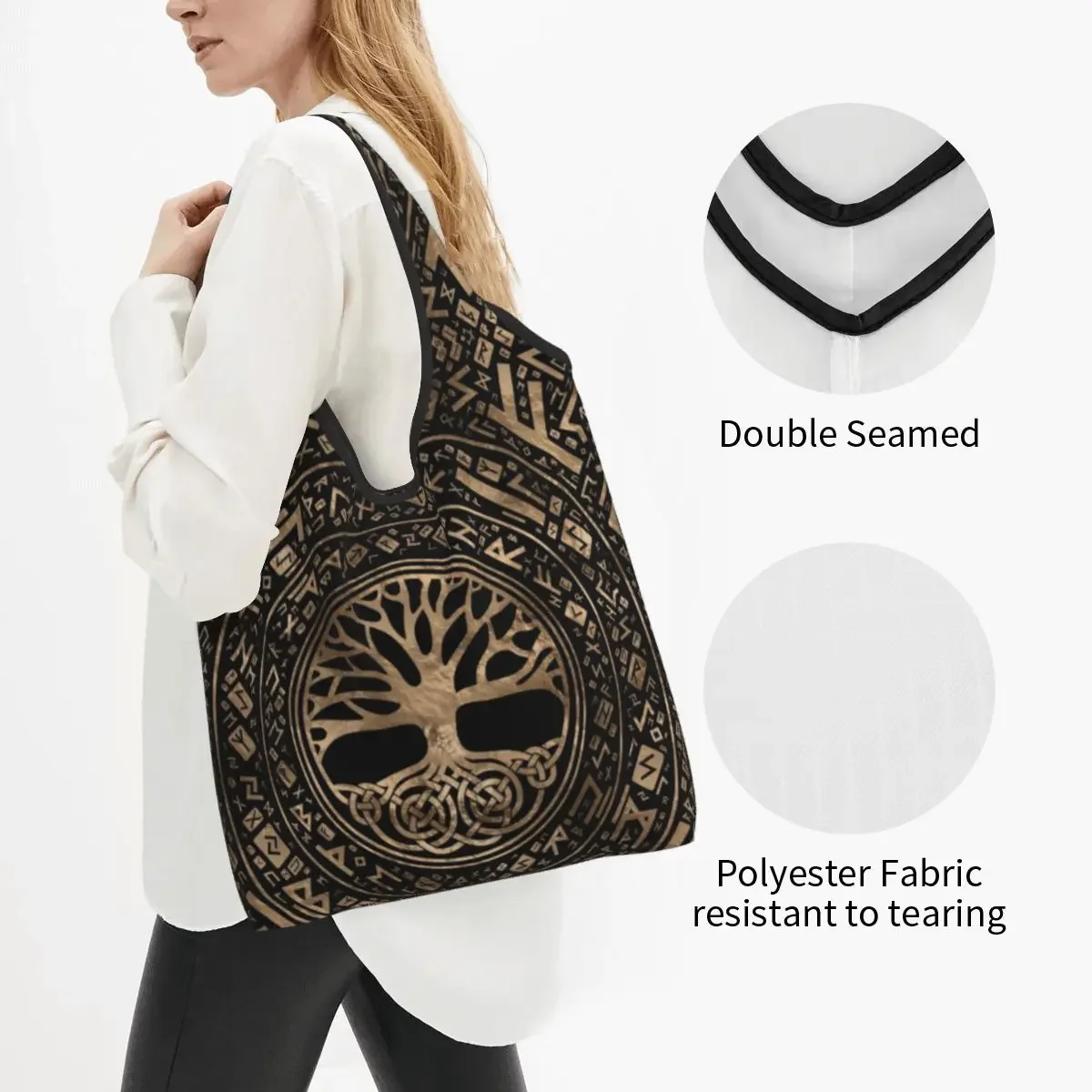 Custom Tree Of Life Yggdrasil Runic Pattern Shopping Bag Portable Large Capacity Grocery  Norse Symbol Shopper Tote Bags