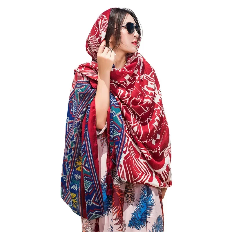 Four Seasons Available Retro Ethnic Style Sunscreen Shawl Women's Red Cotton and Linen Thin Scarf Air-conditioned Room Tassel