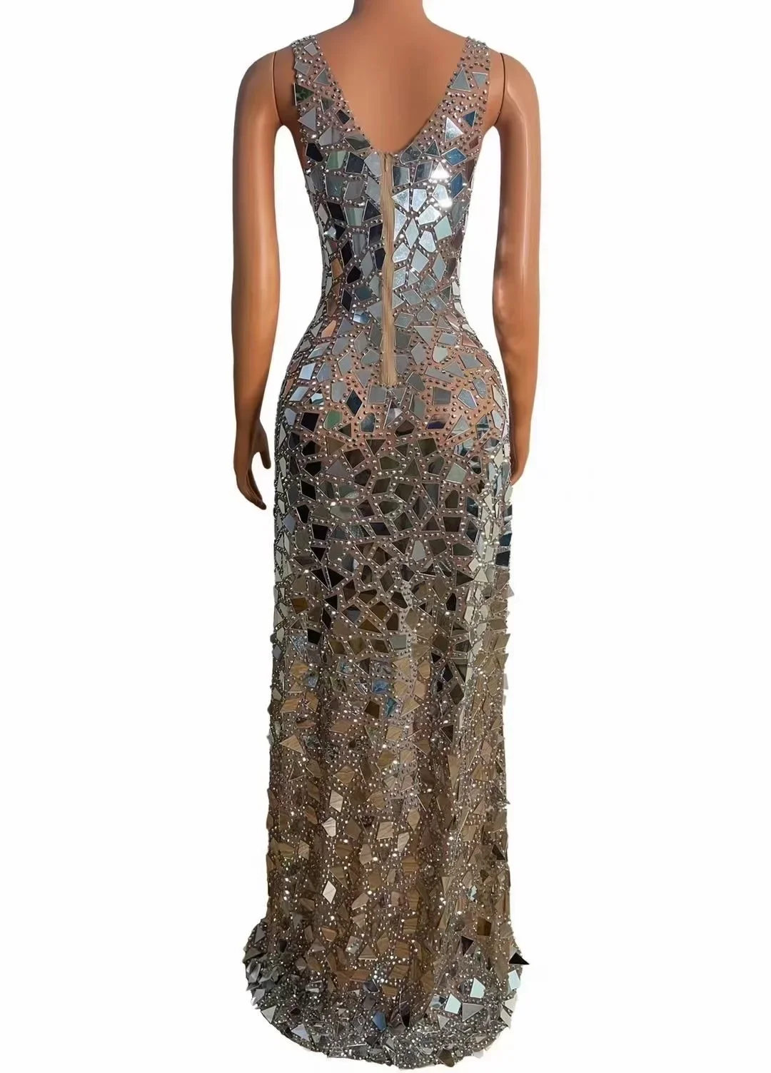 Sleeveless Shining Mirror Sequins Sexy Split Long Dress For Women Evening Celebrity Clothing Stage Prom Singer Costumes