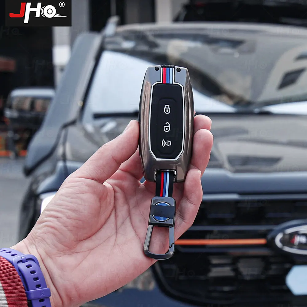 JHO Alloy Car Key Case Cover Silver Protective Trim Hardcore Style Fit for Ford Ranger 2019-2024 Decorate Accessories