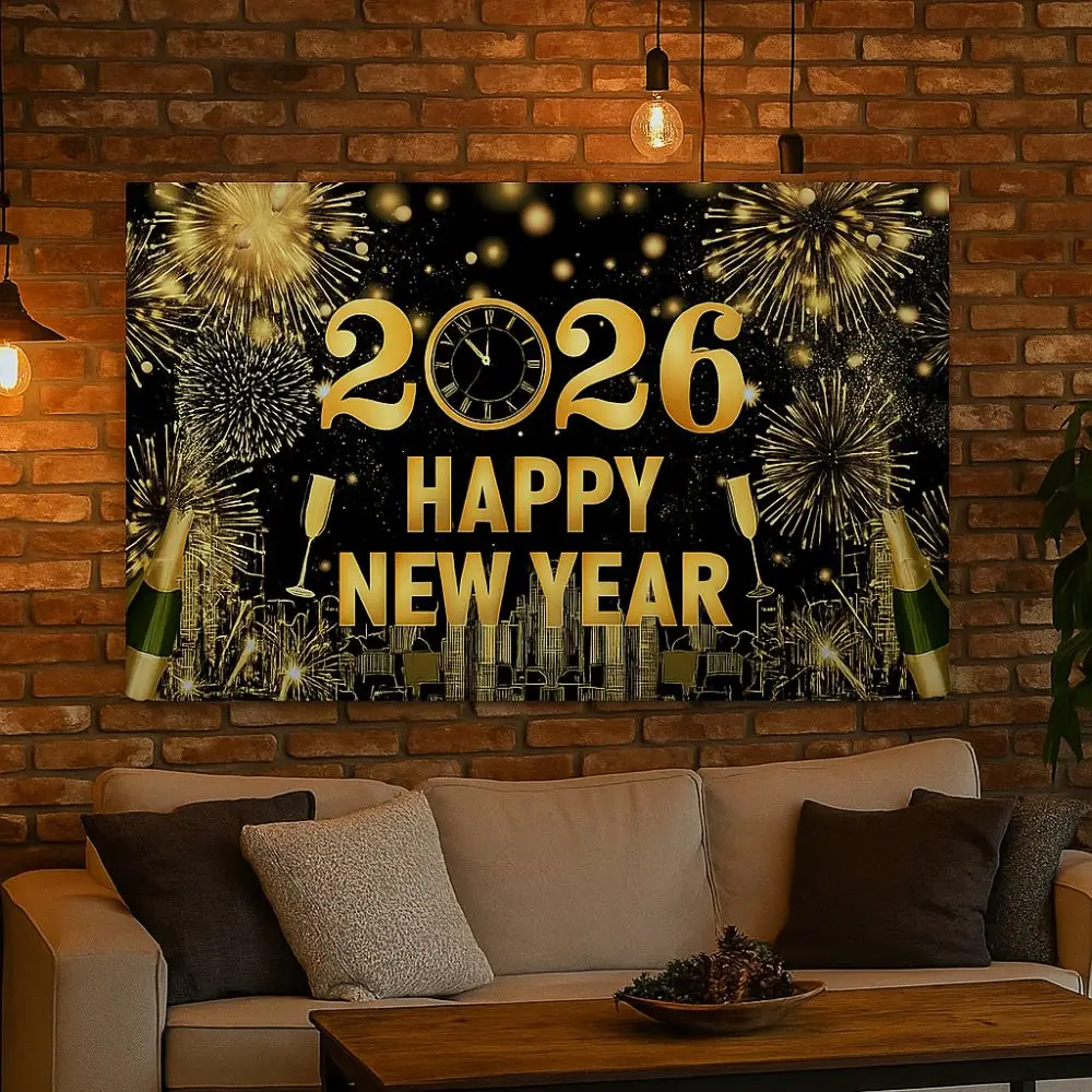 

Black Gold 2026 New Year Backdrops Colorful Balloon Polyester Party Background Champagne Night Glittering Celebration Banner