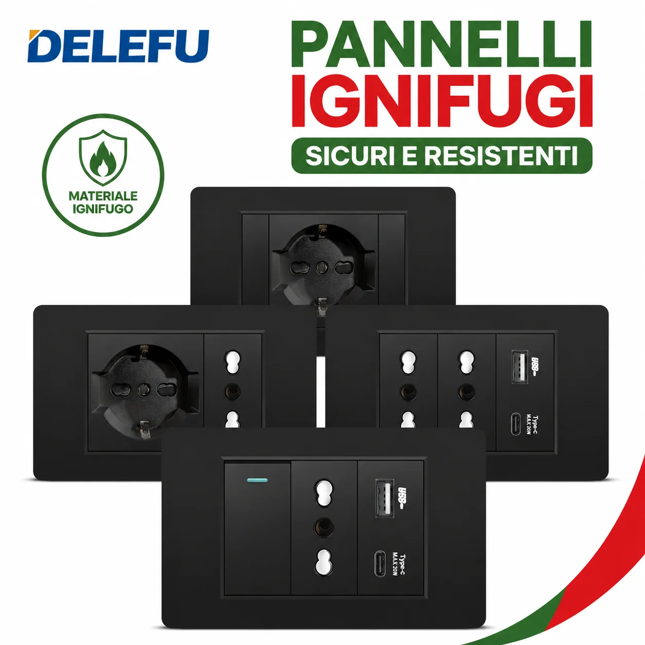 Smart Wall Socket - DELEFU Black Retardant PC Italy USB
