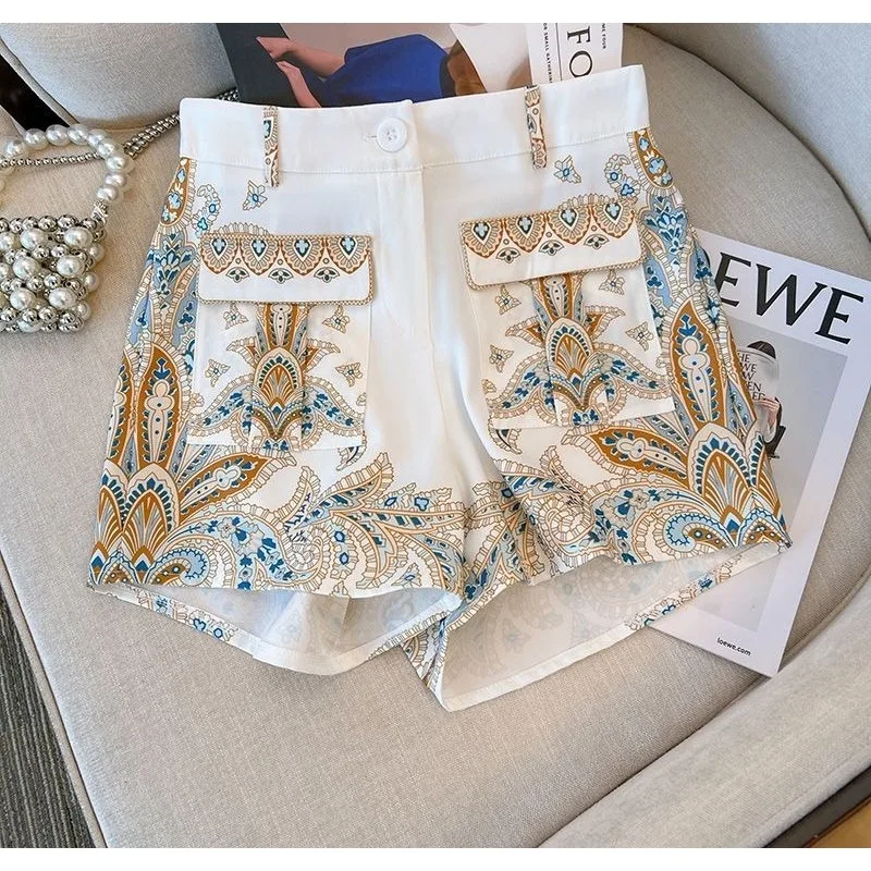 2024 Nieuwe 2-delige Dameskleding Dameskleding Lange Mouwen Opstaande Kraag Shirt Hoge Taille Korte Broek Set Retro Bloemen Zomer Set