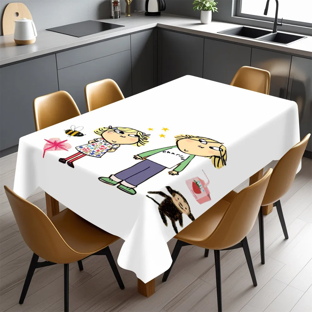 Cute Cartoon Kids Friends Family Picnic Tablecloth Waterproof Spill Proof Dining Table Cover for Home Decor