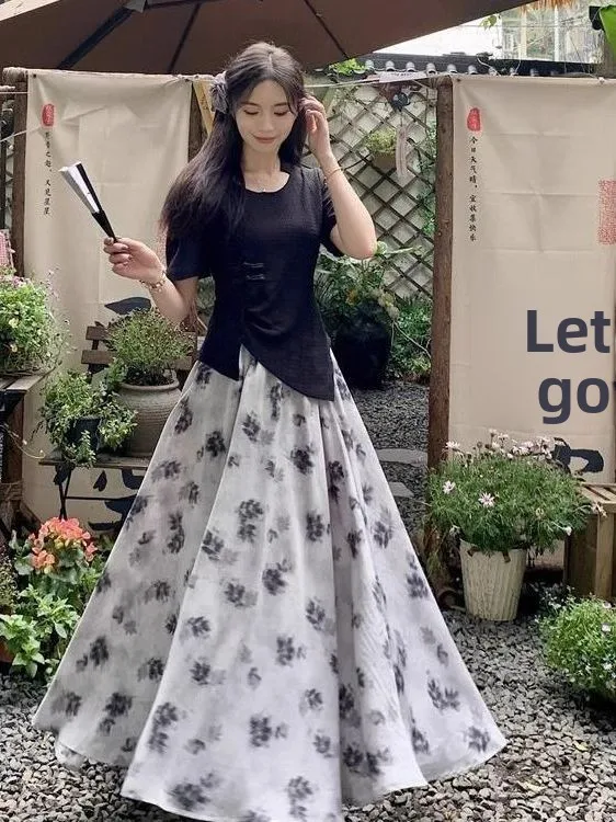 Afslanken Chinese Sle Zomer Nieuwe Trendy vrouwen Set Bloemen f Rok Ele Top plus Size 300Pou Tweedelige Set