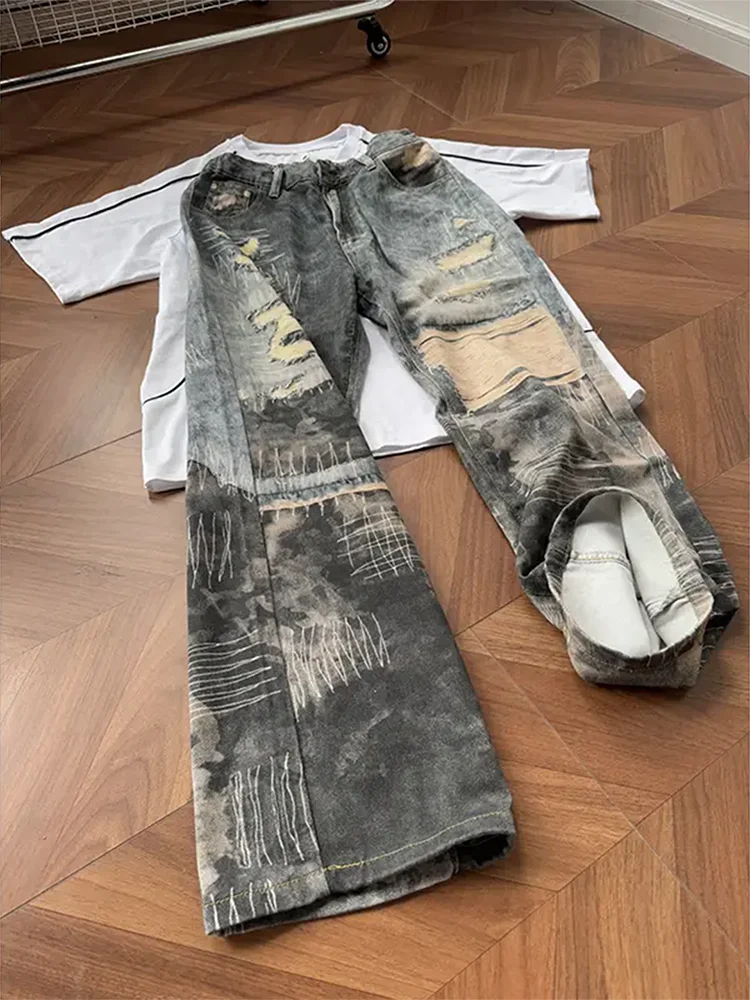 

LuZhu American High Street Camouflage Pants Men's Design Sense Micro Flared Long Jeans Youth Trendy Breathable Loose Straight