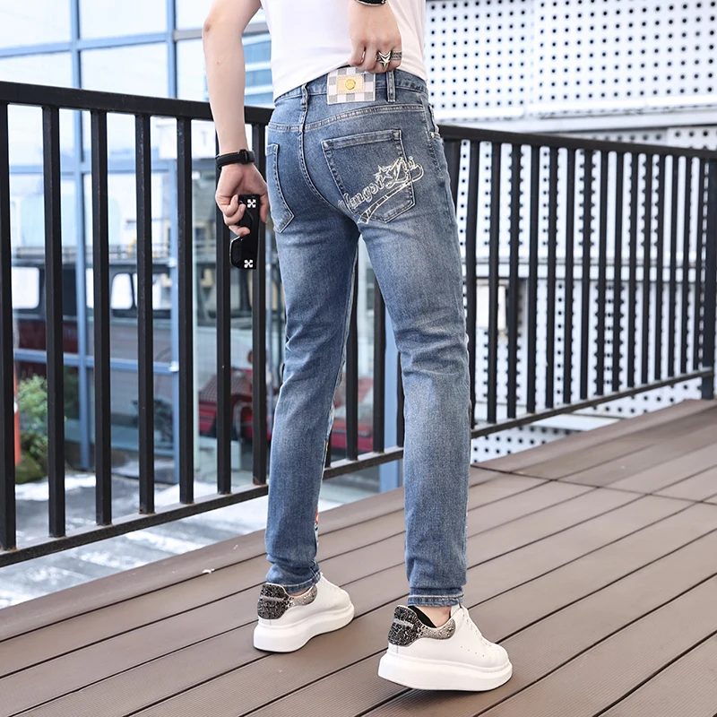 2024handsome menswear personalized printed jeans men's trendy slim fit skinny casual streetininternet celebrity long pants