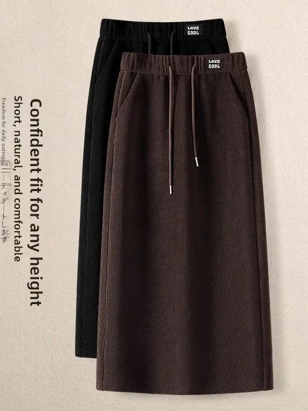 

Thickened Fleece A-Line Skirt High Waist Midi Length Wrap Body Slimming Straight Cut for Women Autumn Winter Fashion