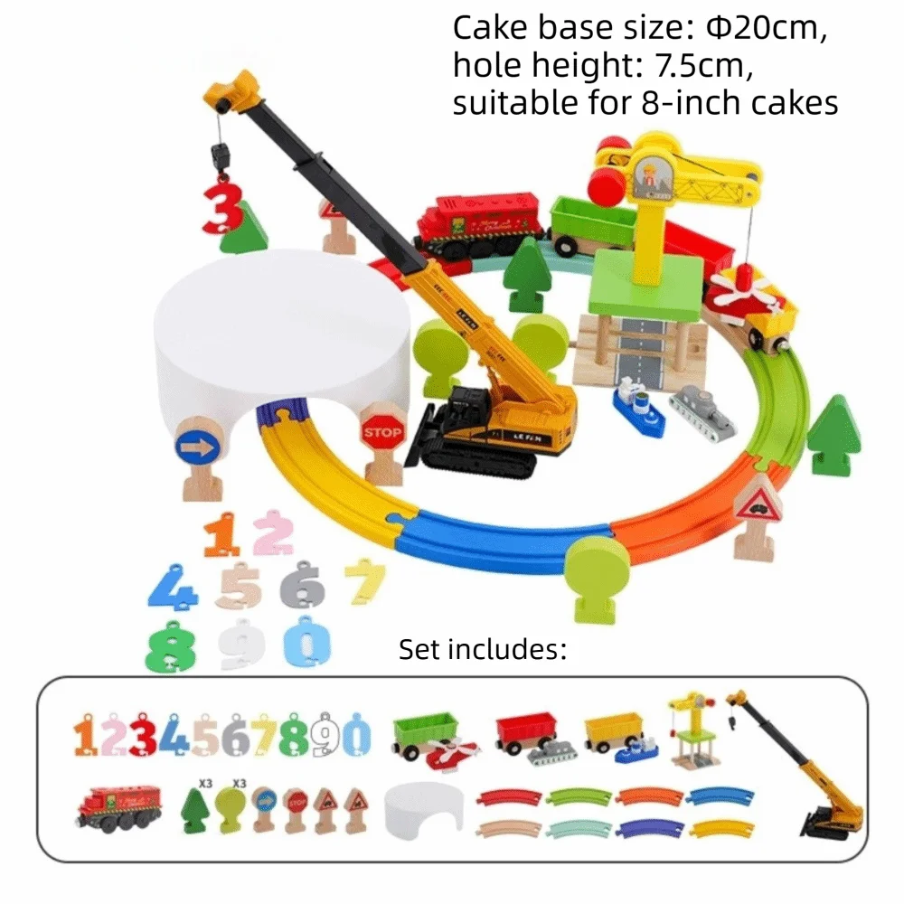 Light & Sound Effects Wooden Train Track Set Reusable Birthday Cake Decoration Easy Assembly DIY Railway Track Kit