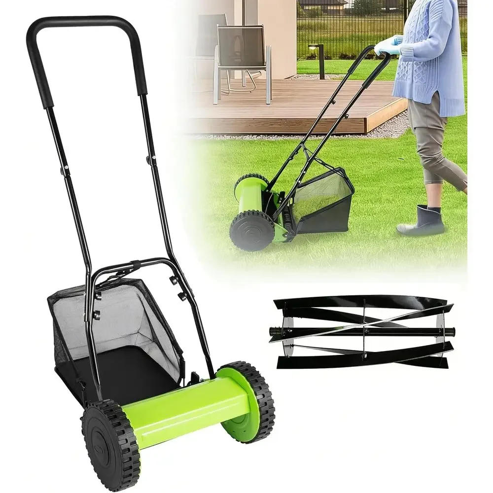 

12-Inch 5-Blade Manual Push Lawn Mower with 6-Gallon Bag, Adjustable Cutting Height