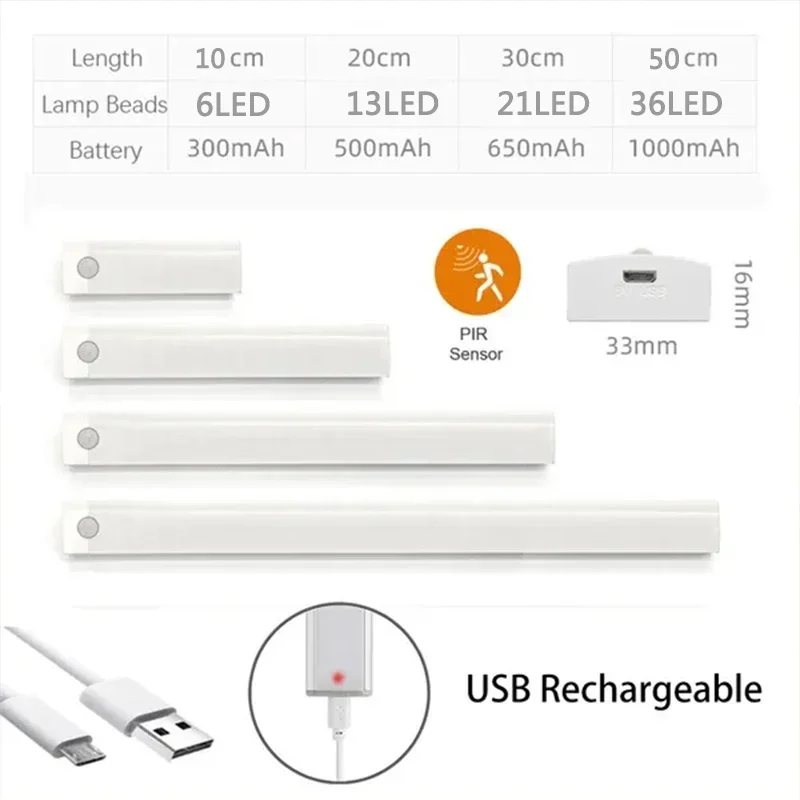 Sensore di movimento PIR LED sotto la lampada dell\'armadio luce notturna ricaricabile dimmerabile scale armadio stanza corridoio tubo Bar rilevatore