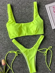 Yeni 2024 Neon yeşil yüksek bacak kesim Bikini kadın tanga mayo kadınlar brezilyalı mayo İki adet Bikini seti Bather mayo