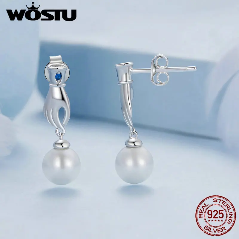 WOSTU 925 Sterling Silver Devil's Eye Hand Stud Earrings With Shell Pearl For Women Lucky Protective Talisman Jewelry FNE939